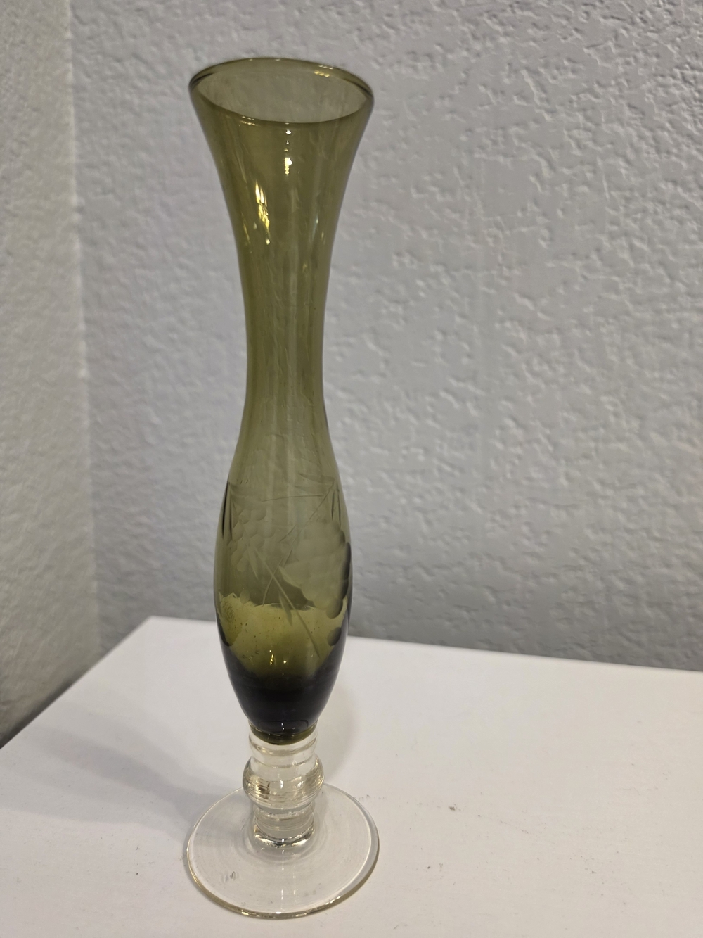 Olive Green Handblown Etched Glass Bud Vase - Unbranded